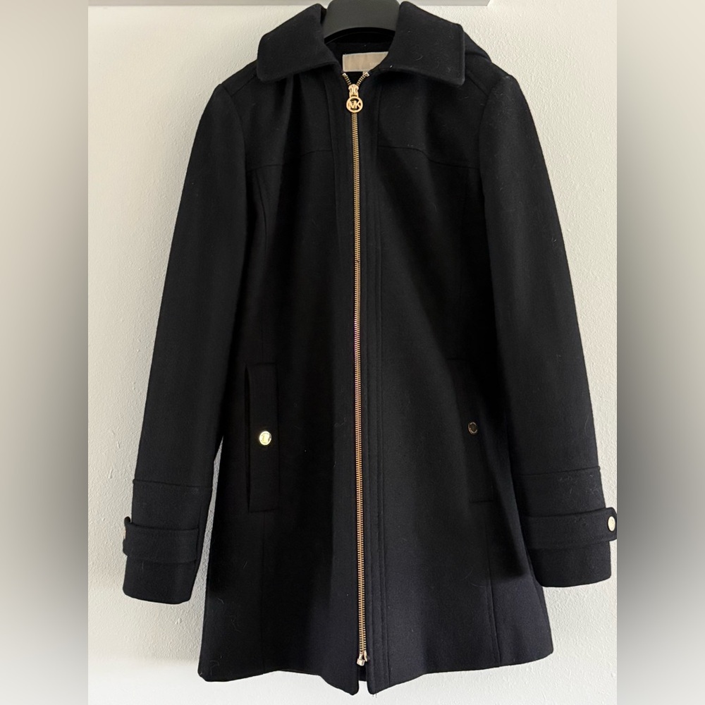 Michael Kors Hooded Black Trench Coat with Gold Accents